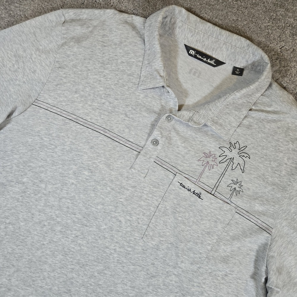 Travis Mathew Mens XL Polo Palm Tree Gray Golf Shirt Short Sleeve Pocket